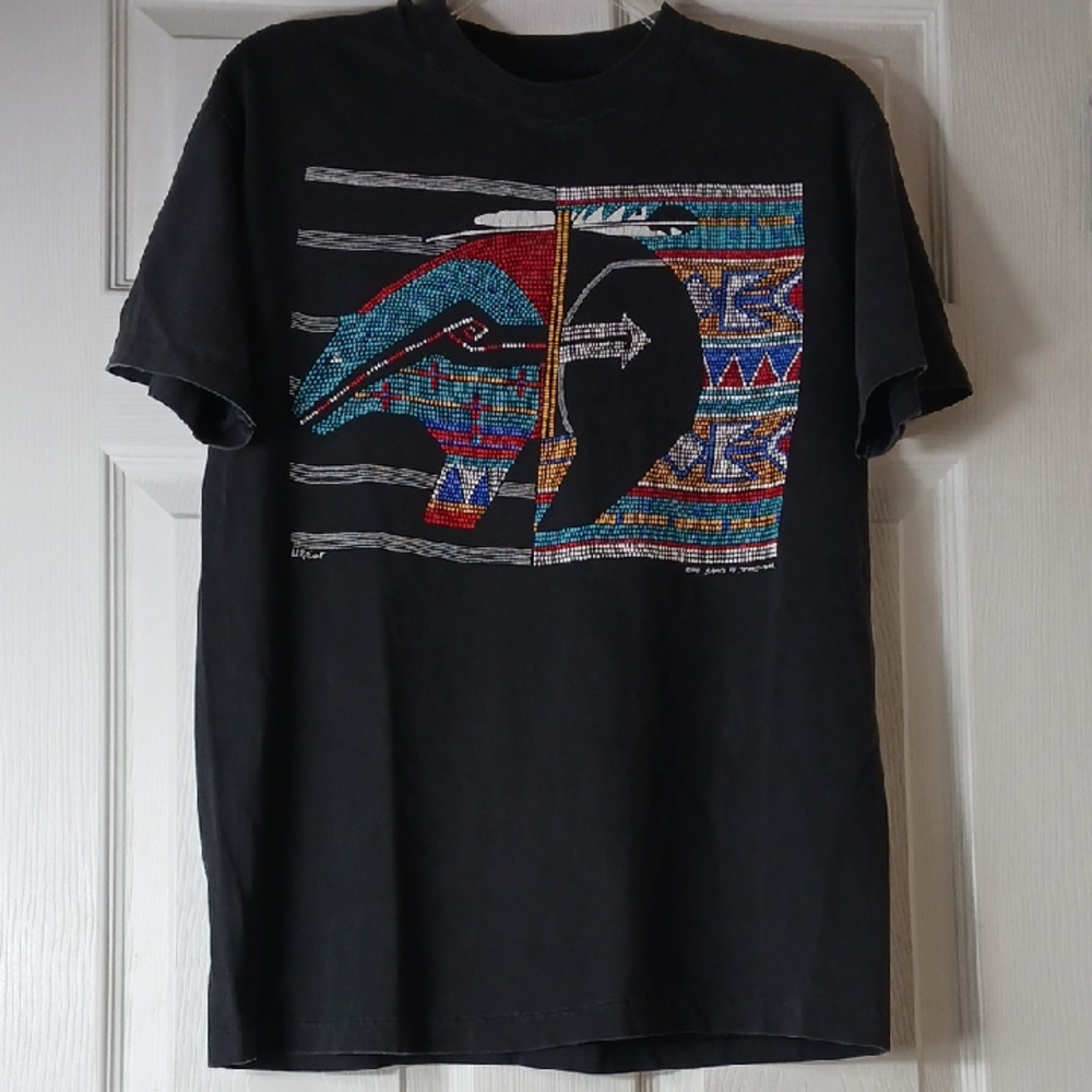 Hanes Beefy-T Vintage Black T-Shirt Aztec Style Mosaic Graphic Size M